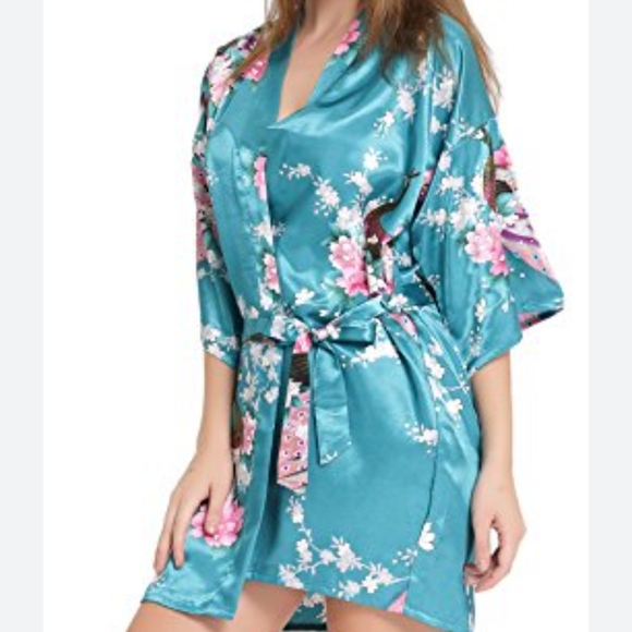 Aibrou Short Floral Blue Kimono Robe Satin With Belt Closure- XL NWT - Picture 4 of 4